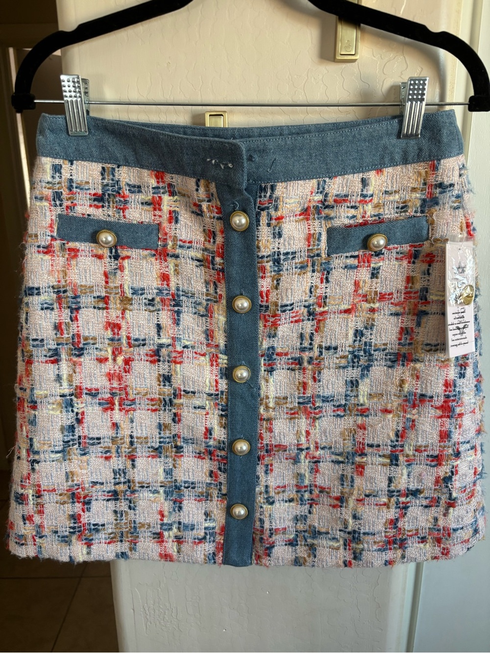 NWT Nanette Lepore Textured Tweed Pearl-Button Mini Skirt in Multi-Color, Size S